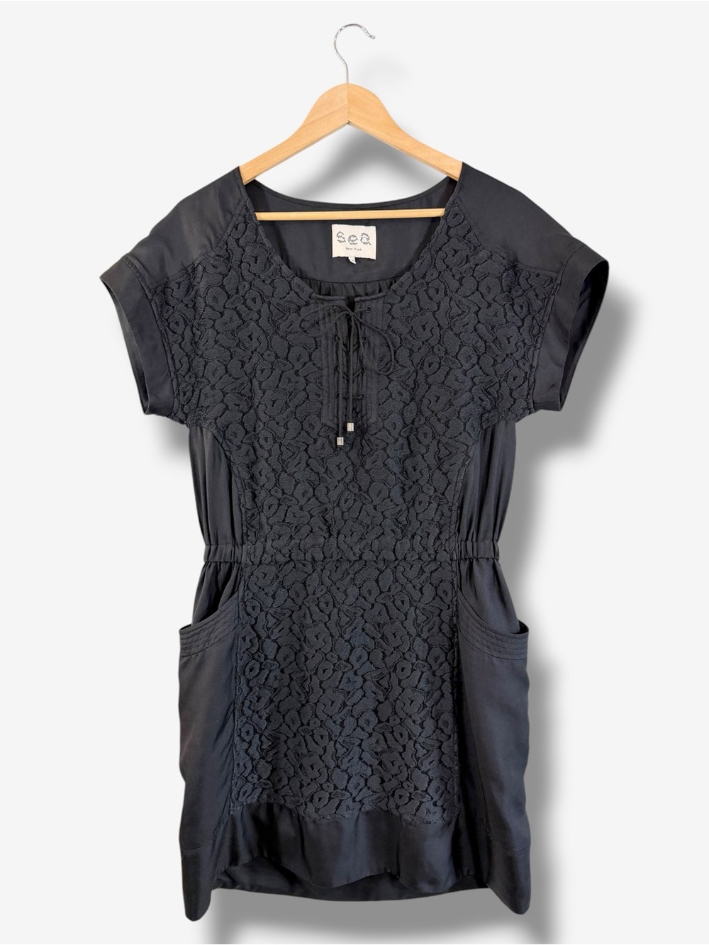 Sea New York Black Silk Lace Front Mini Dress Size 10 Cinch Waist Short Sleeve